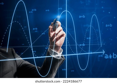 Close up of businessman hand with pen pointing at abstract glowing mathematical formula graph on blue background. Equation, digital data and mathematics app concept - Powered by Shutterstock - Get 15% off with code: PIKWIZARD15