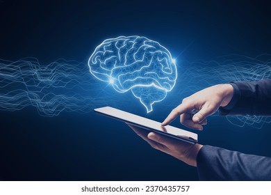 Close up of businessman hand pointing at cellphone with creative digital brain hologram on blue background. Hi-tech innovation and AI concept - Powered by Shutterstock