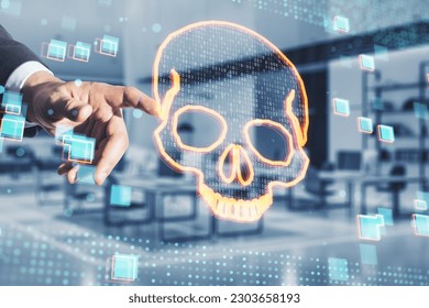 Close up of businessman hand pointing at glowing digital binary code skull hologram on blurry office interior background. Hacking, piracy, malware and data theft concept. Double exposure