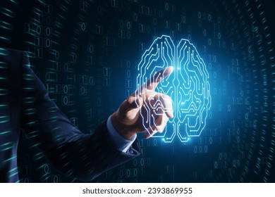 Close up of businessman hand pointing at glowing brain hologram with binary coding on blue background. Programming, machine learning and artificial intelligence concept