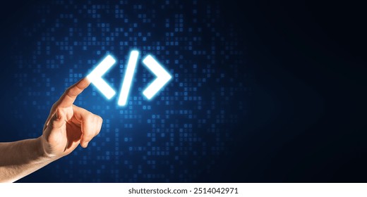 Close up of businessman hand pointing at glowing programming code on blue binary coding background with mock up place. Program and software development concept