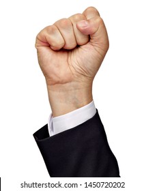 Close Up Of A Businessman Hand Raised Fist On White Background