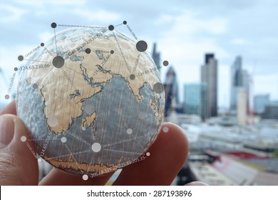 close up of businessman hand showing texture the world with digital social media network diagram concept Elements of this image furnished by NASA london city background - Shutterstock ID 287193896