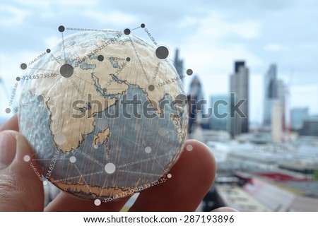 close up of businessman hand showing texture the world with digital social media network diagram concept Elements of this image furnished by NASA london city background