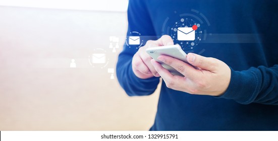 close up businessman hand touchscreen on smartphone devices for received unread e-mail listing or sending mail to partner and customer , virtual interface technology concept - Powered by Shutterstock