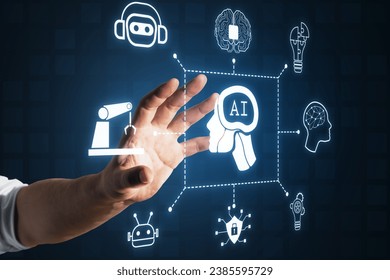 Close up of businessman hand using creative glowing ai hologram with digital human head on dark background. Machine learning, artificial intelligence and conversation assistant concept