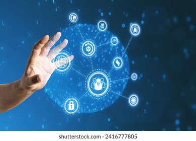 Close up of businessman hand using creative connected digital business interface with various icons and binary code on blurry background. Software development, app, global business and ai concept
