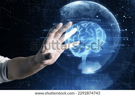 Close up of businessman hand using creative glowing polygonal brain sphere hologram on blurry background. Neurology research, artificial intelligence concept. Double exposure