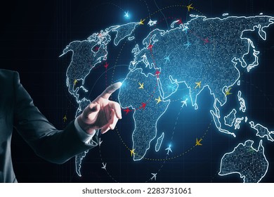 Close up of businessman hand using glowing digital map with ariplane connections on dark background. Flight routes airplanes network and global transportation interface