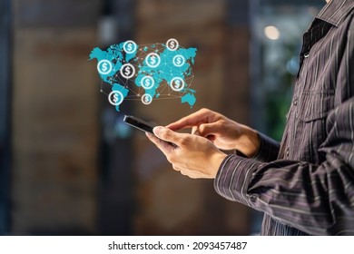 Close up of businessman hand using mobile phone with online transaction application, Concept ecommerce and internet investment