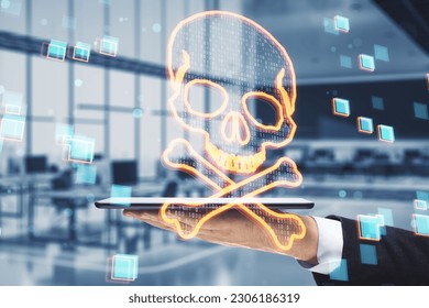 Close up of businessman hands holding cellphone with glowing digital binary code skull on blurry office background. Hacking, piracy, malware and data theft concept. Double exposure