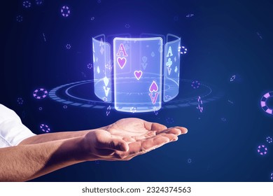 Close up of businessman hands holding creative digital blue cards hologram on dark background. Online casino, poker and digital gaming concept - Powered by Shutterstock