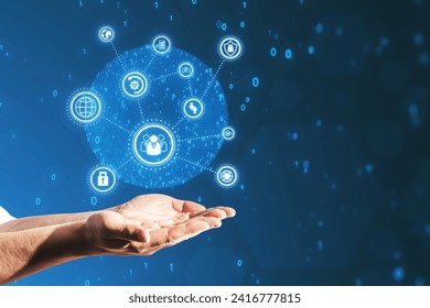Close up of businessman hands holding creative connected digital business interface with various icons and binary code on blurry background. Software development, app, global business and ai concept