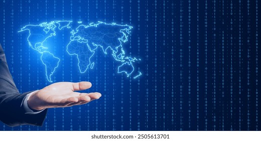 Close up of businessman hands holding glowing polygonal map hologram on blue background. Innovation and interactive map