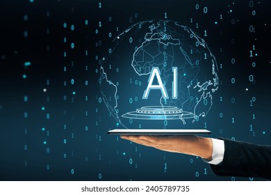 Close up of businessman hands holding tablet with creative glowing AI hologram with globe on blue background with binary code. Artificial intelligence, machine learning and chat gpt concept