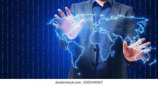 Close up of businessman hands using glowing polygonal map hologram on blue background. Innovation and interactive map