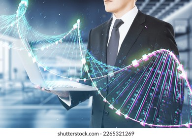 Close up of businessman hands using laptop with glowing binary code DNA helix on blurry office interior background. Human genome and innovative technologies concept. Double exposure