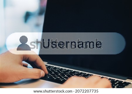 Close up of businessman hands using laptop with creative username bar on blurry outdoor background. Data and information concept. Double exposure