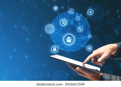 Close up of businessman hands using smartphone with connected digital business interface with various icons and binary code on blurry background. Software development, global business and ai concept