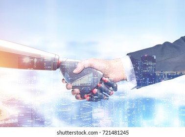 Close up of a businessman in a suit and a robot shaking hands. Blurred cityscape background. Concept of innovation in business. Toned image double exposure