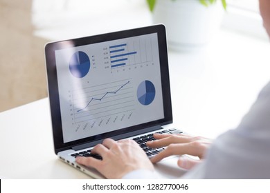 Close up businessman using laptop, analyze business statistics, look at screen, presentation with graphs and diagrams, writing financial report, project management, accounting, market research