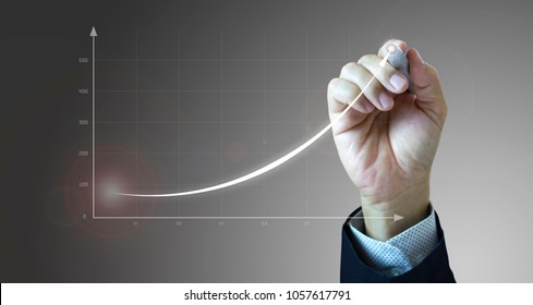 Close up of a businessman's hand drawing an exponential line curve showing of business growth and success rapidly.