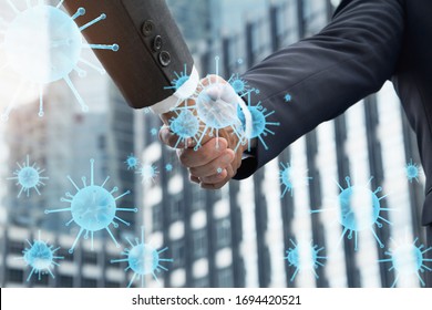 Close Up Businessmen Handshake Business Deals In Urban Center,concept Hand Touch And Outbreak Epidemic Of Pandemic Worldwide Of Coronavirus Or Covid Virus 19,health Care And Medical