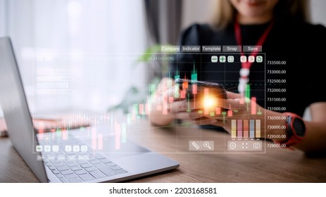 Close Up Businesswoman Collecting Data Information Converting Into Statistics, Planning Strategy Gathering Resources Creating Visual Graphical Graphs Using Computer Laptop And Smart Mobile Device