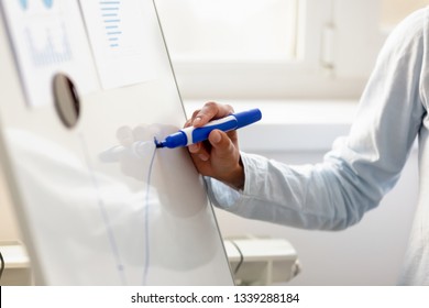 Close up businesswoman drawing chart on white board, making presentation about financial report, holding marker in hand, analyzing project results, explaining startup strategy, staff training
