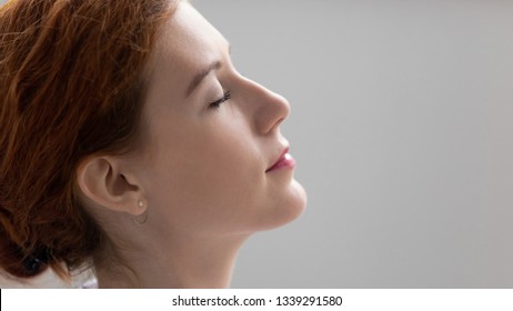 Close Up Businesswoman Relaxing With Closed Eyes, Stress Relief At Workplace Concept, Calm Employee Resting After Finished Work, Daydreaming, Thinking About Good Future, Enjoying Break