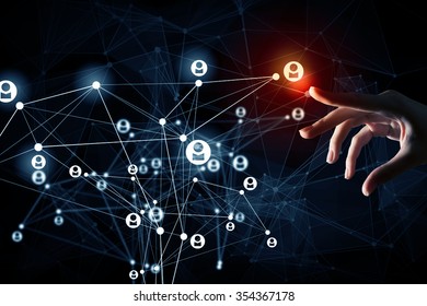 Close up of businesswoman touching with finger network concept on screen - Shutterstock ID 354367178