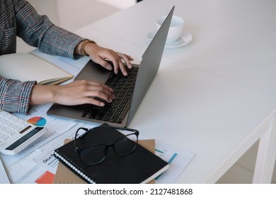 Close Up Businesswoman Using Laptop, Typing On Keyboard With Documents, Writing Email, Accountant Writing Financial Report, Busy Student Studying Online, Searching Information.