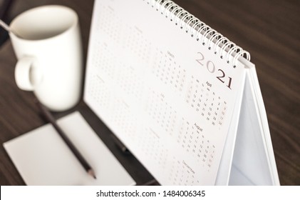 Close up calendar 2021 on desktop