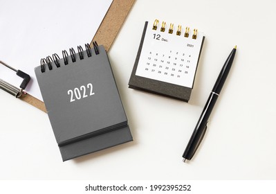 Close up calendar on table top view, flat lay. Copy space for text, New year concept