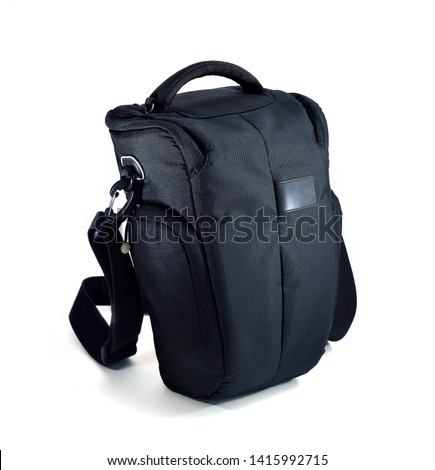Close up of camera bag isolated on white background, selective focus. 