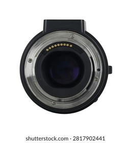 Close up of camera lens mount with electronic contacts on black background