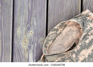 Close Up Camouflage Jacket Collar. Camo Soldier Top Wear, Cropped Image.