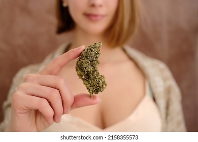 Close Up Of Cannabis Bud In Young Woman`s Hand On A Brown Background. Medical Marijuana Use Concept.