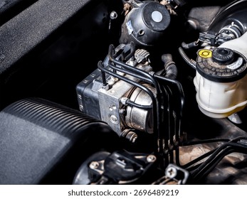 Close up of car ABS module in engine bay, automotive anti lock braking system maintenance and repair concept