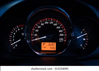 Close Up Of Car Dashboard And Trip Odometer.