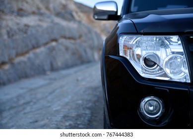 Close up Car head light in the Jais Mountain,Jebel Jais, Ras Al Khaimah, United Arab Emirates