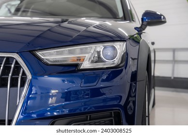 a close up of a car headlight 