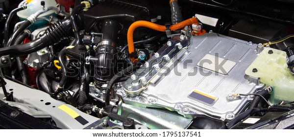 Close up of car hybrid engine. Hybrid electric\
car engine.