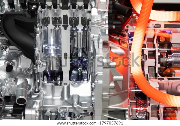 Close up of car hybrid engine. Hybrid electric\
car engine.