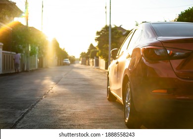 Close Up Car On Street Automotive Roadtrip On Sunset Background For Transport, Travel Of Nature To Vehicle Auto Landscape Light The Sun For Travel Journey Trip Summer And Lifestyle