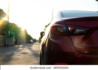 Close Up Car On Street Automotive Roadtrip On Sunset Background For Transport, Travel Of Nature To Vehicle Auto Landscape Light The Sun For Travel Journey Trip Summer And Lifestyle