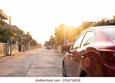 Close Up Car On Street Automotive Roadtrip On Sunset Background For Transport, Travel Of Nature To Vehicle Auto Landscape Light The Sun For Travel Journey Trip Summer And Lifestyle