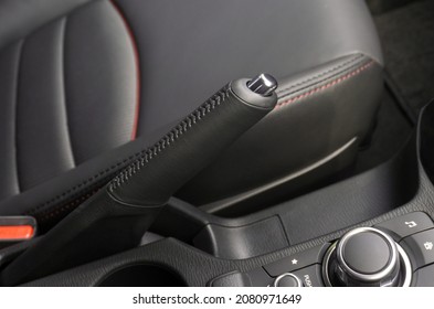 Close Up Of Car Parking Brake, Car Hand Brake On Low Light