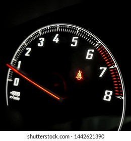 Close Up Of Car Speedometer Dashboard With Car Seat Belt Red Icon, Speed Metre Panel With Red Light Meter In Modern Panel Car