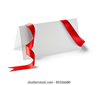 Close Up Of  Card Note With  Ribbon On White Background  With Clipping Path